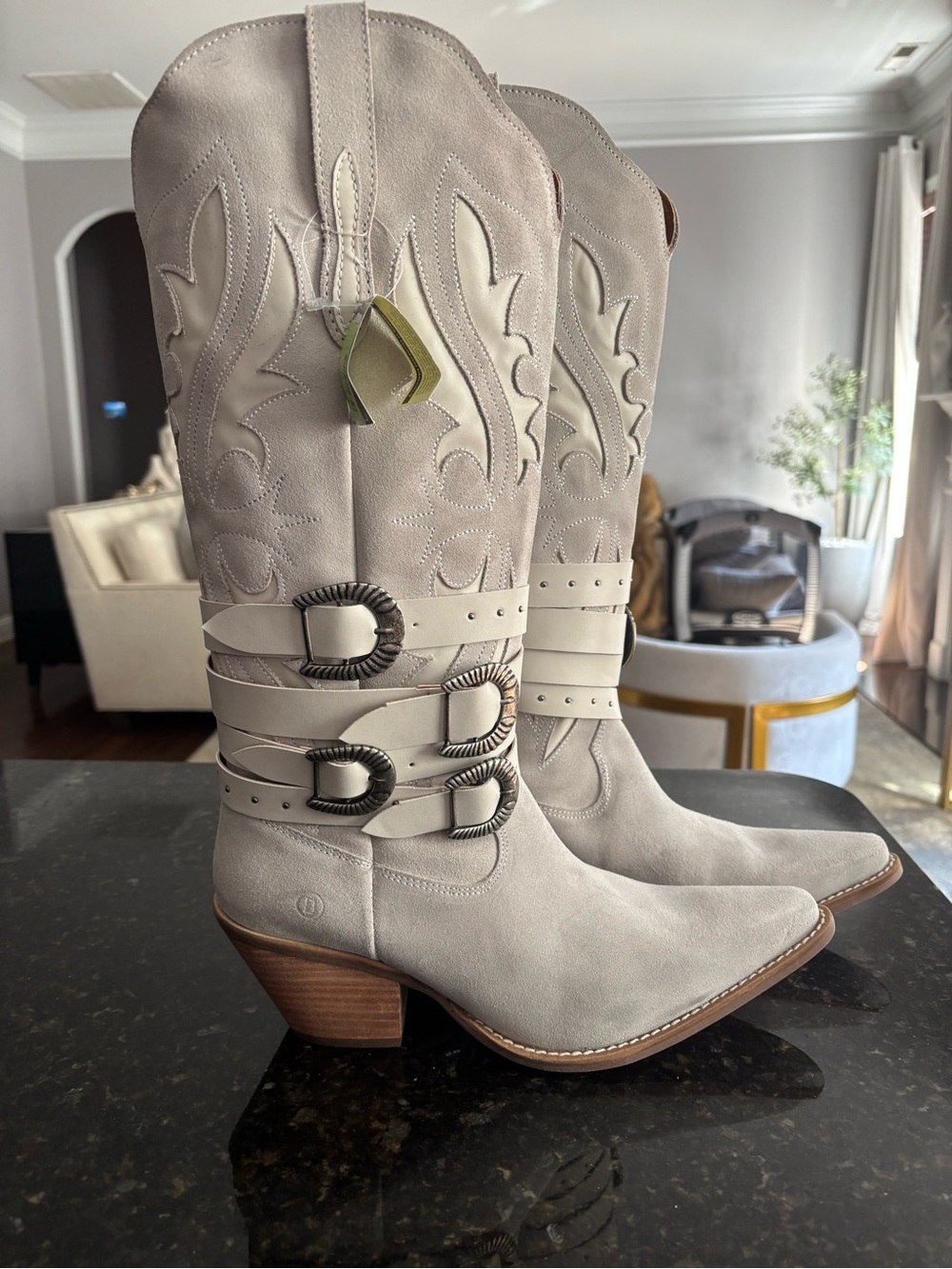 dingo Light Gray Suede Western Knee-High Boots with Triple Buckle